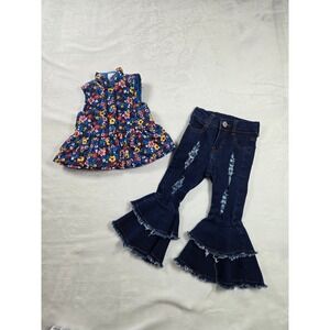 Baby Essentials Floral Quilted Vest and Distressed Bell Bottom Jeans Set 6-12M